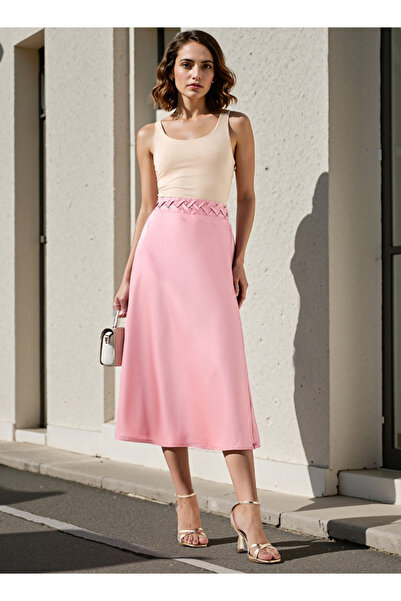 FAV Satin Midi Skirt with Braided Waist Detail