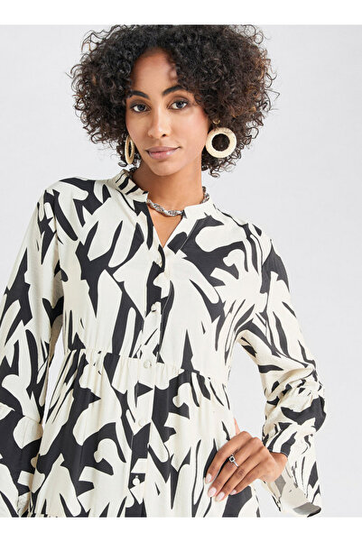 FAV Abstract Print Midi Dress with Mandarin Collar and Long Sleeves