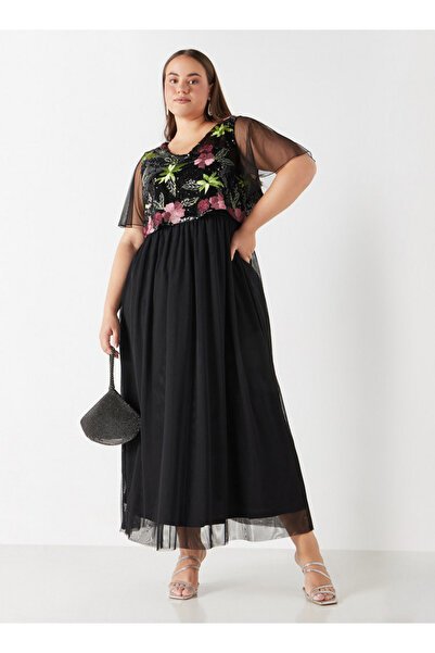 Ulla Popken Plus Size Ulla Popken Embellished Maxi Dress with Cap Sleeves