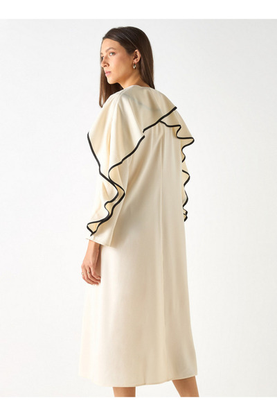 Iconic Solid V-neck Dress With Long Sleeves And Ruffles