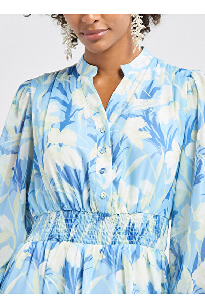 FAV All-over Floral Print Midi Shirt Dress With Shirred Detail And Long Sleeves