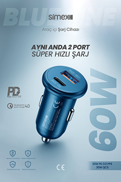 Simex Blue Line SM-30 60W Süper Hızlı Araç Şarj Aleti Çakmaklık PD 3.0 QC 4.0 Type-C + USB Çift Port Mavi