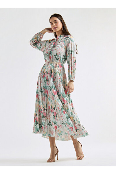 FAV فستان مطوي بطبعة زهور على شكل حرف A مع رقبة عالية وأكمام طويلة