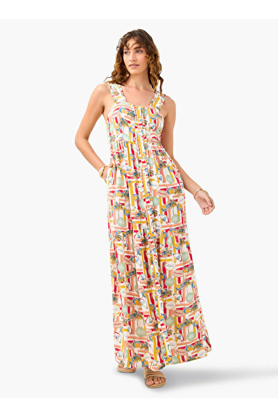 FAV فستان مطبوع بدون أكمام مع رقبة مربعة وتفاصيل كشكشة