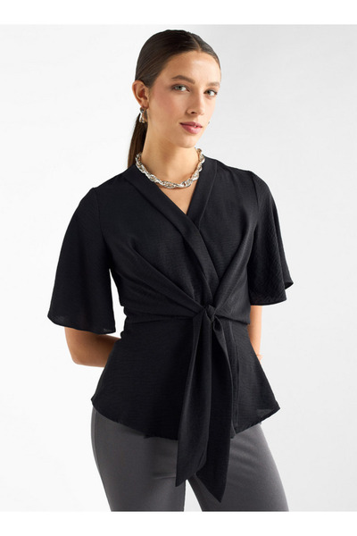 FAV V-neck Top With Flutter Sleeves And Knot Detail