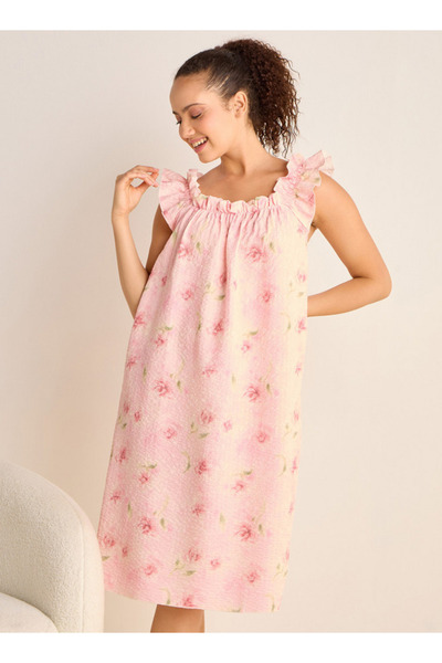 FAV فستان نوم بدون أكمام بطبعات الأزهار مع تفاصيل الكشكشة