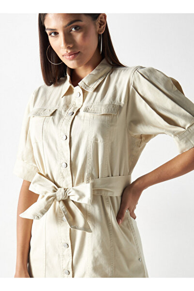 FAV Solid Knee Length Shirt Dress with Tie-Up Belt and Pockets