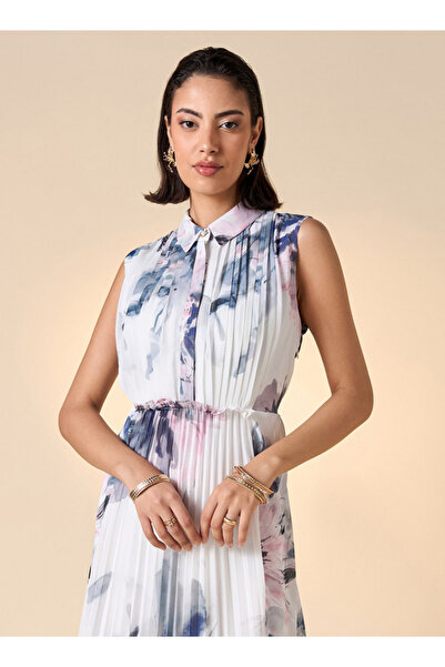 Iconic Printed Sleeveless Midi Dress With Collar And Pleated Detail