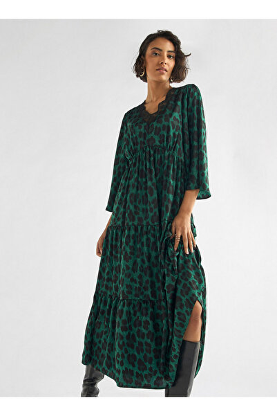 FAV Animal Print Midi Dress with Lace Detail and 3/4 Sleeves