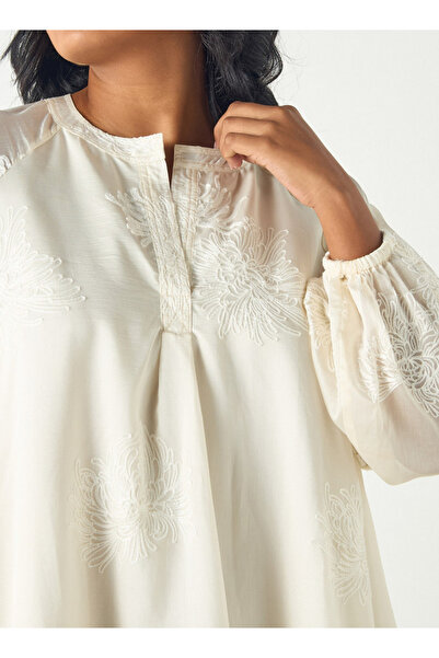 Ulla Popken Plus Size Ulla Popken Embroidered Midi Dress with Mandarin Neck