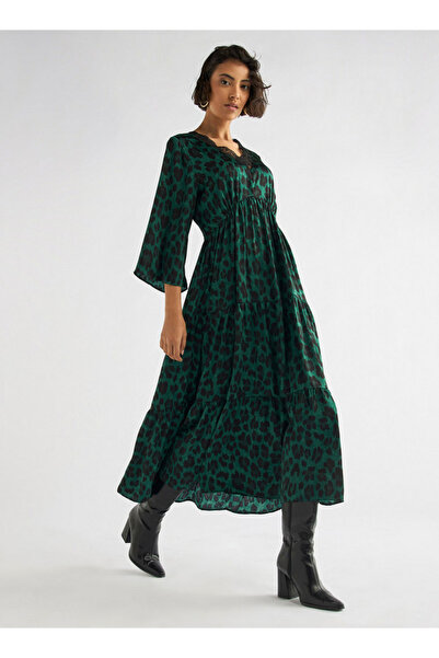 FAV Animal Print Midi Dress with Lace Detail and 3/4 Sleeves