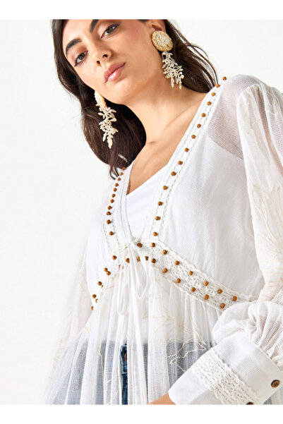 FAV Embellished Longline Shrug with Tie-Ups and Bishop Sleeves