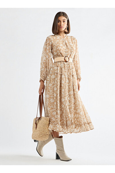 FAV Floral Print Midi Shirt Dress With Long Sleeves