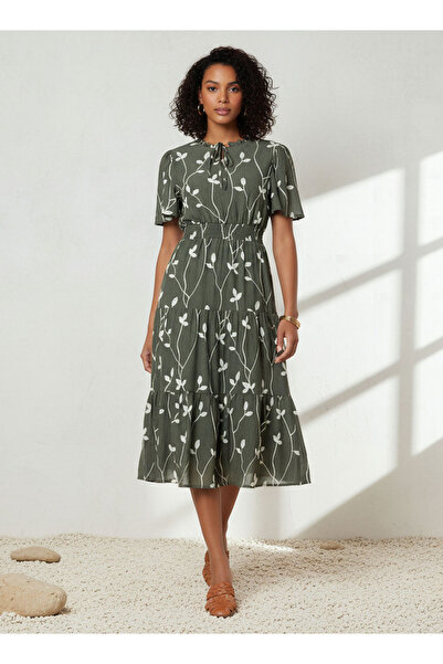 FAV فستان متوسط الطول من الفيسكوز بأكمام منفوشة