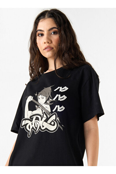 SP Characters Anime Print T-shirt with Crew Neck and Short Sleeves