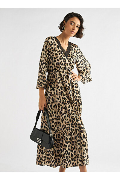FAV All-Over Animal Print Tiered Midi Dress with Lace Detail and 3/4 Sleeves