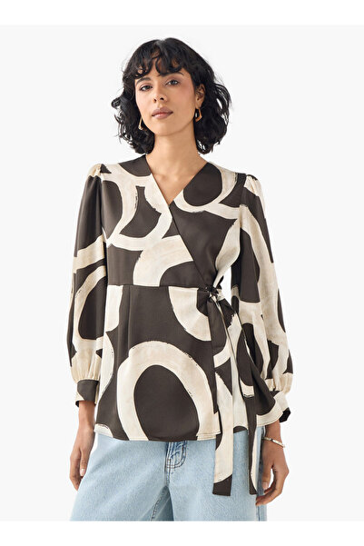Iconic Iconic Printed V-neck Wrap Top with Long Sleeves and Tie-Up Detail