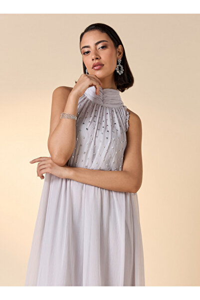 Iconic Embellished Sleeveless Midi Dress with High Neck and Flounce Hemline