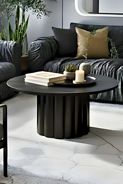 Liya Hisar Orta Sehpa Ahşap Orta Sehpa Yuvarlak Salon Sehpa Mantar Sehpa Bohem 80 Cm Siyah