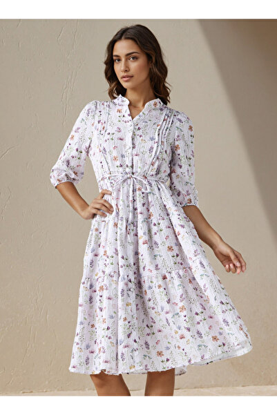 FAV فستان نسائي متوسط الطول بطبعة زهور مع تفاصيل ثنيات من الفيسكوز