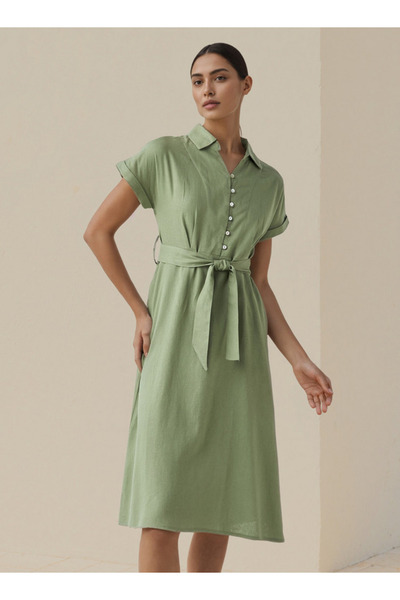 FAV فستان قميص متوسط الطول برباط على الخصر