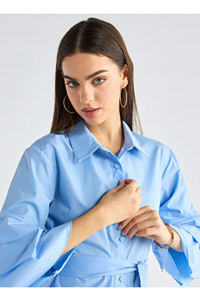 FAV Solid Shirt Dress with Ruffle Sleeves and Belt