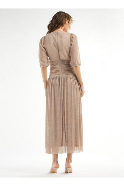 FAV Textured V-neck Dress with 3/4 Sleeves and Knot Detail