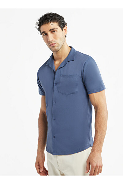 FAV Solid Camp Collar Shirt with Short Sleeves and Pocket