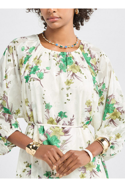 FAV Floral Print Midi Dress With Batwing Sleeves And Tie-up Detail
