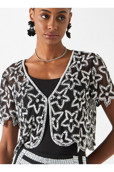 FAV Floral Embellished V-Neck Jacket with Short Sleeves