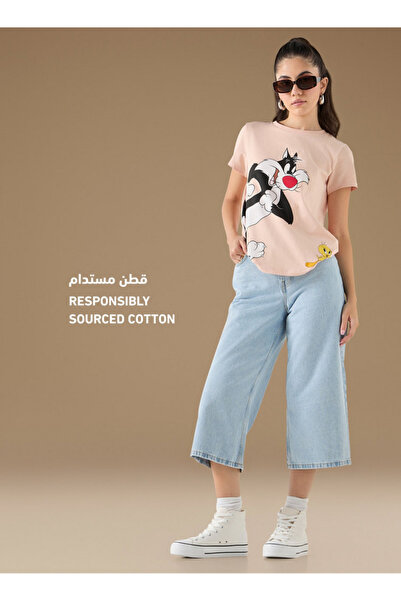 SP Characters Sylvester and Tweety Print T-shirt with Crew Neck and Short Sleeves