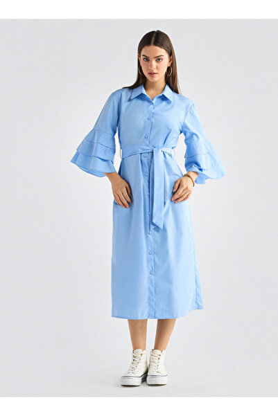 FAV Solid Shirt Dress with Ruffle Sleeves and Belt