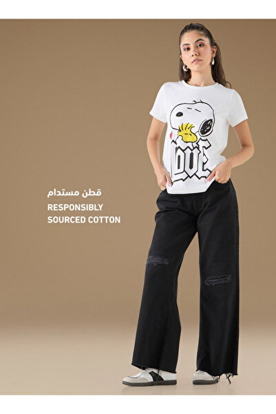 SP Characters Snoopy Dog Print Crew Neck T-shirt with Short Sleeves