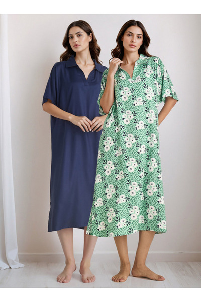 FAV قميص نوم فيسكوز مع ياقة - طقم من قطعتين