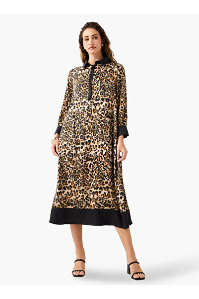 FAV Animal Print Midi Shirt Dress with Long Sleeves
