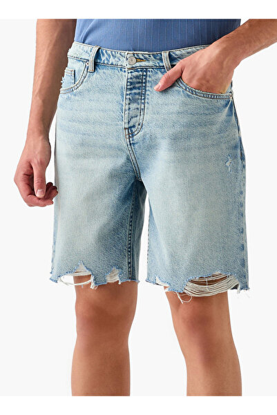 FAV Distressed Denim Shorts with Pockets and Button Closure