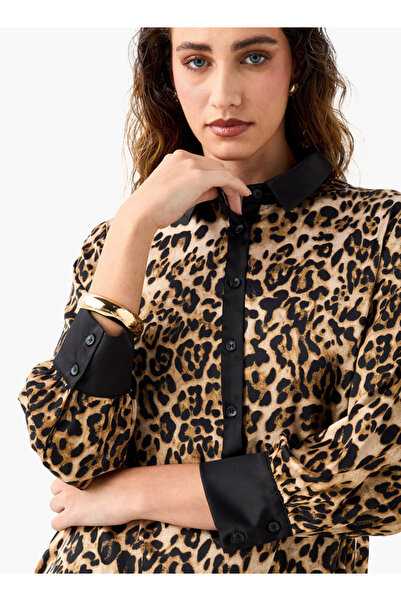 FAV Animal Print Midi Shirt Dress with Long Sleeves