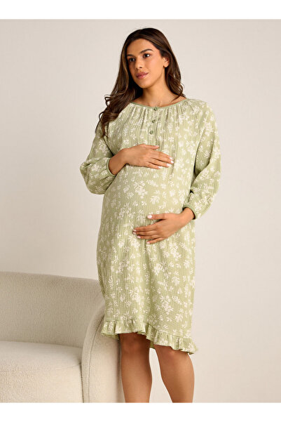 FAV فستان نوم للحوامل بطبعات الأزهار وأكمام طويلة