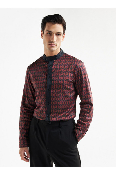 FAV All-over Geometric Print Shirt With Mandarin Collar And Long Sleeves