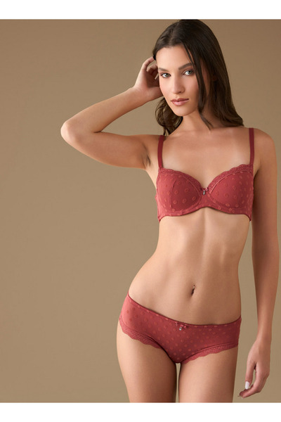 FAV Mesh Textured Bra with Hook and Eye Closure and Lace Detail