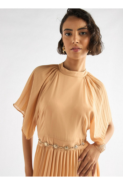 FAV Pleated Maxi Dress with Ruffle Sleeves