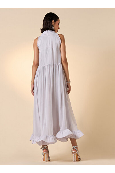 Iconic Embellished Sleeveless Midi Dress with High Neck and Flounce Hemline