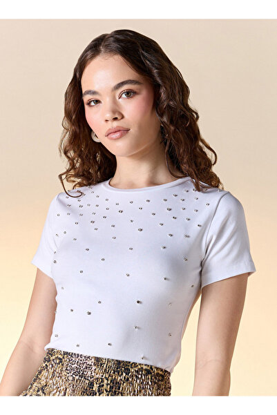 FAV Embellished Crew Neck T-shirt with Short Sleeves