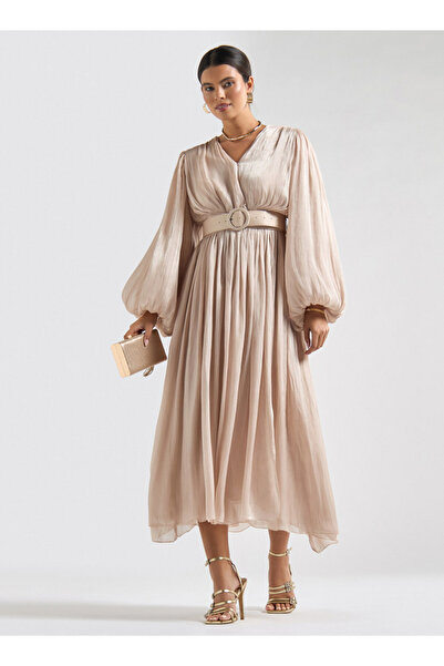 FAV Textured Belted Midi Dress With V-neck And Long Puff Sleeves