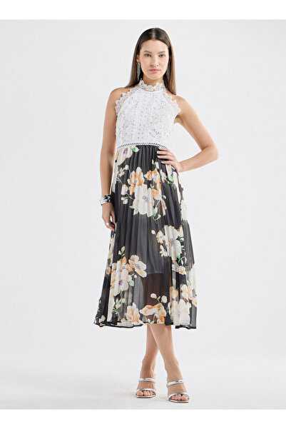 FAV Floral Print Halter Neck Midi Dress With Lace Detail
