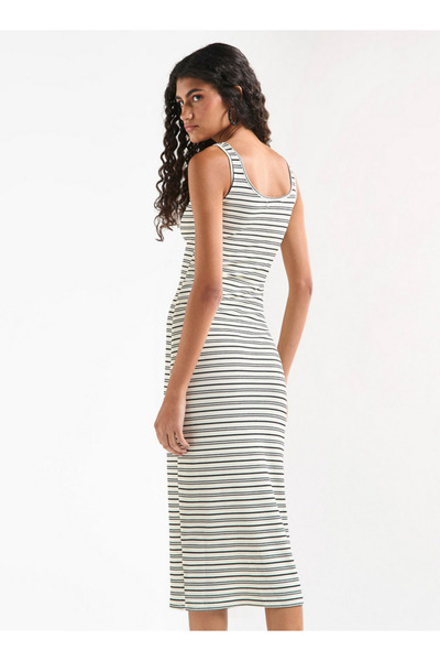 FAV Striped Sleeveless Bodycon Dress with Round Neck and Button Detail