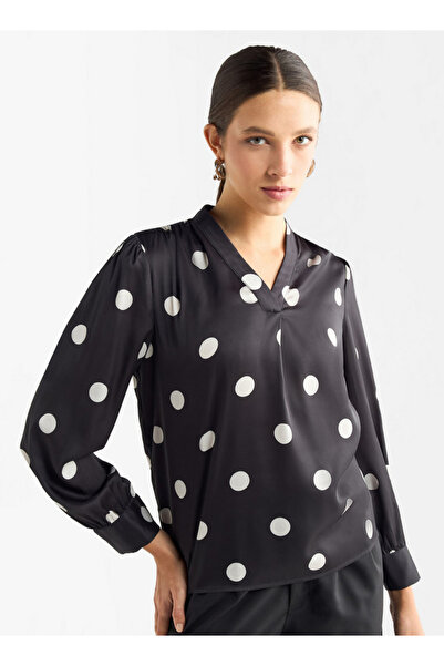 FAV All-Over Polka Dot Print V-neck Top with Long Sleeves