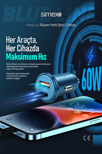 Simex Blue Line SM-30 60W Süper Hızlı Araç Şarj Aleti Çakmaklık PD 3.0 QC 4.0 Type-C + USB Çift Port Mavi