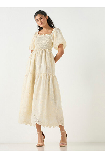 FAV Schiffli Textured Midi Dress with Shirring Detail and Short Puff Sleeves