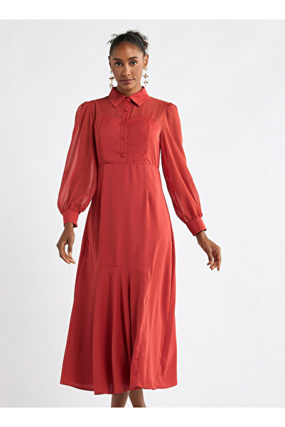 FAV فستان قميص سادة على شكل حرف A وأكمام طويلة